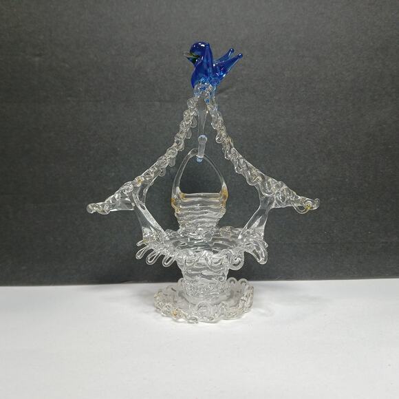 Hand Blown Spun Art Glass Mini Bluebird on top of Well Mini 4" Figurine - Picture 5 of 9